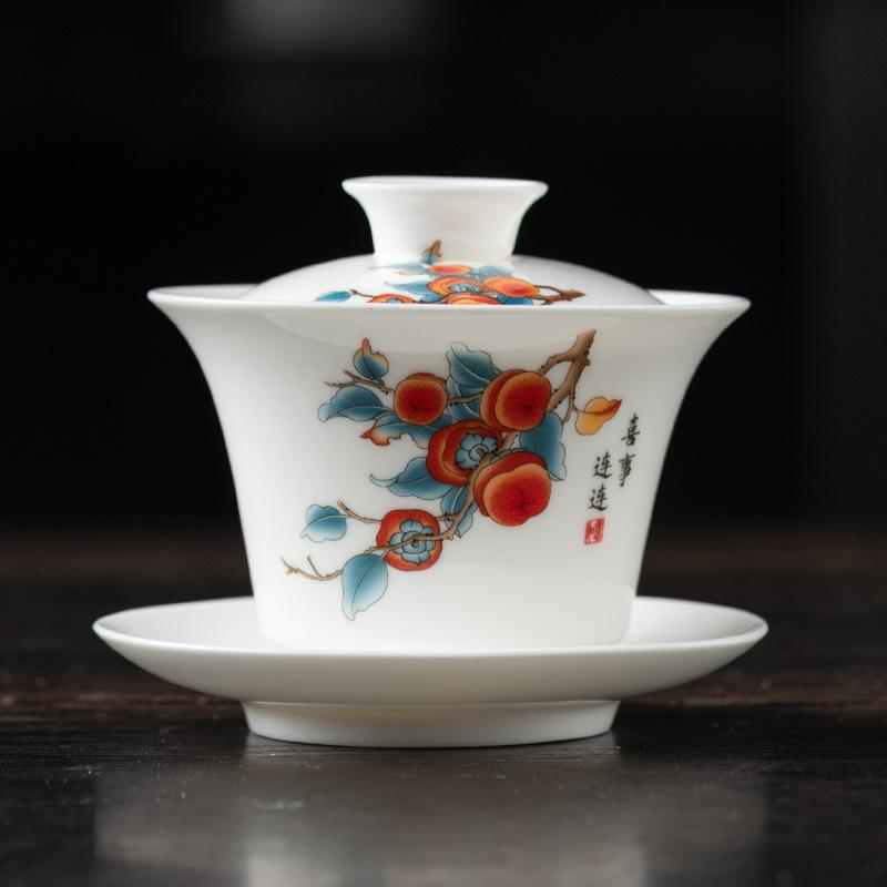 Light luxury imitation hand-painted suet jade porcelain Sancai cover bowl Kung Fu tea set single tea cup tea bowl pure handmade boutique