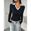 Spring Autumn Casual Women's Polo Shirt Slim Solid Color Tops Contrast Lapel Lady's Long Sleeve Tops Simple Women's T-shirt