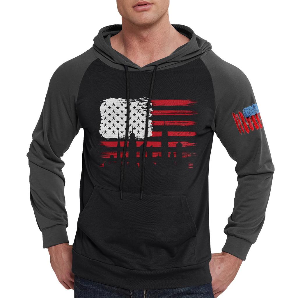 Herren Lässiges Kapuzen-Sweatshirt mit Kordelzug, lang, mit Flaggen-Print und Taschen