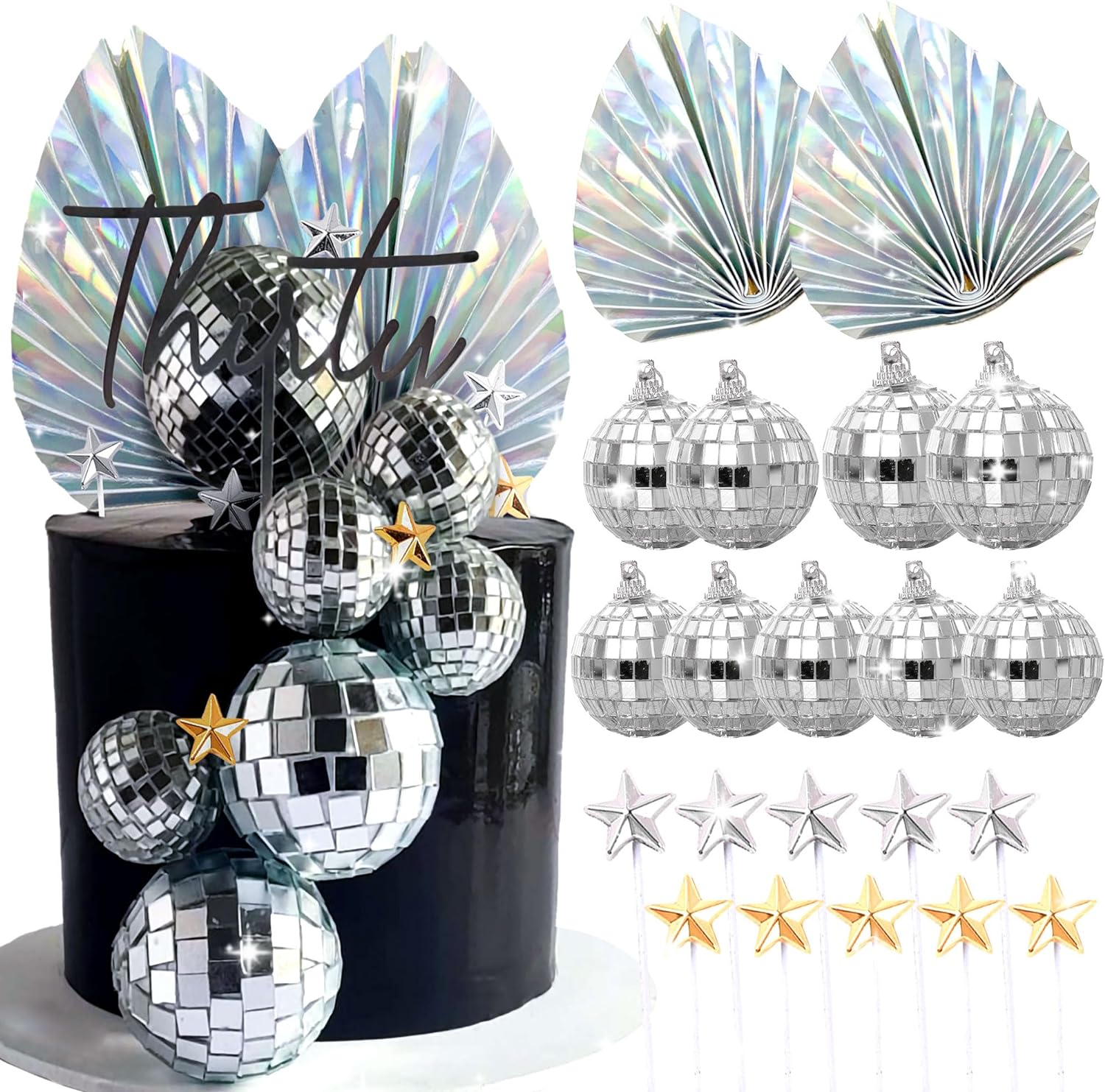 

21 PCS Sliver Disco Balls Cake Decoration Silver Palm Leaves and Stars Cake Decoration for 70s Birthday Disco Bachelorette Party