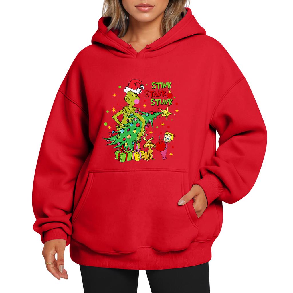 Ladies' Christmas Style Printed Hoodie With Wool And Pockets For Women