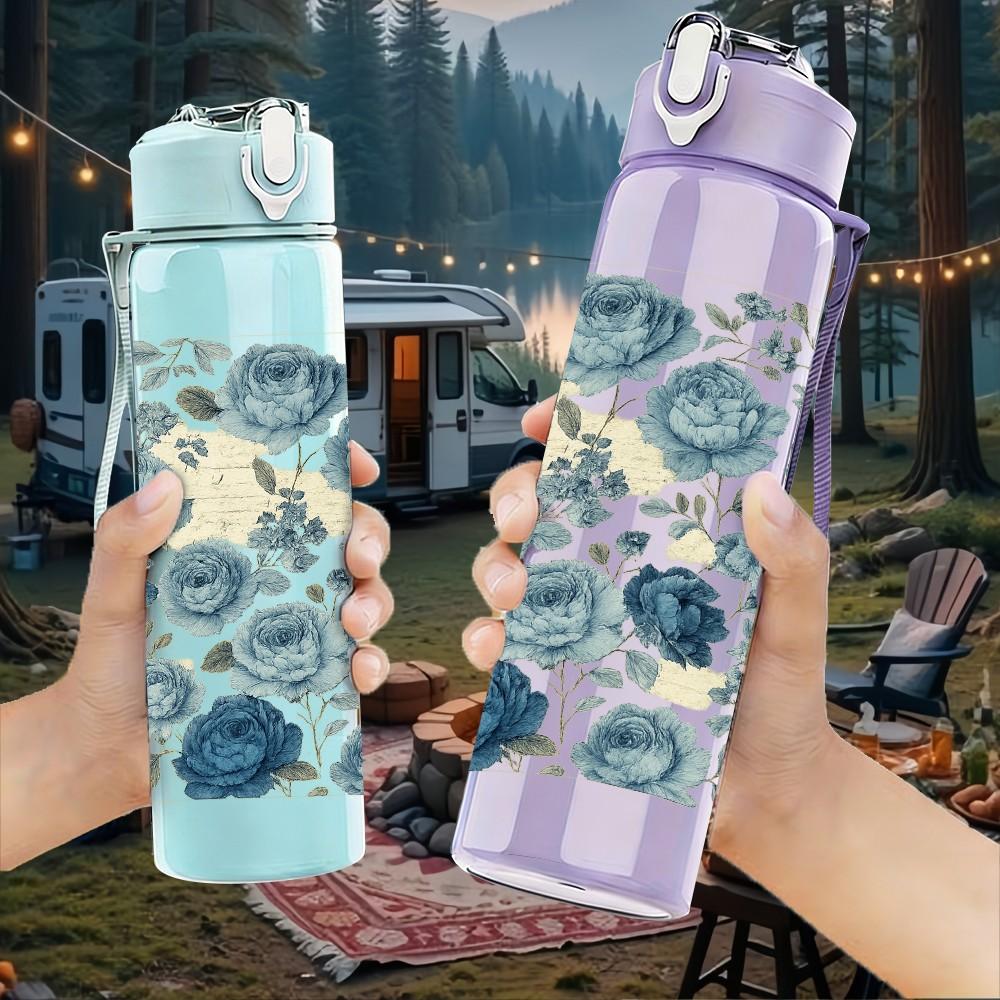 1PC Blue White Floral Seamless Pattern Print 750ml Color Plastic Sports Water Bottle Leakproof Flip Straw Lid Suitable for Sports Office Home Use