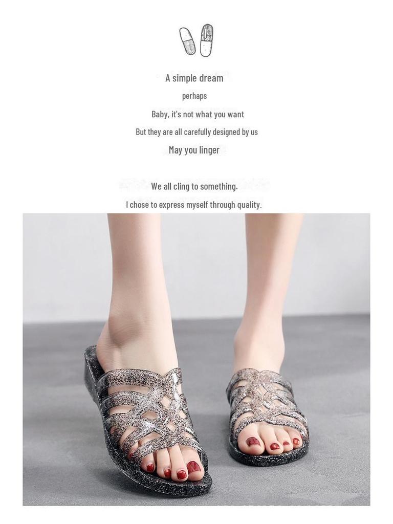 Women's Fashion Crystal Wedge Sandals: Summer Non-slip Hollow Bath Flip Flops
