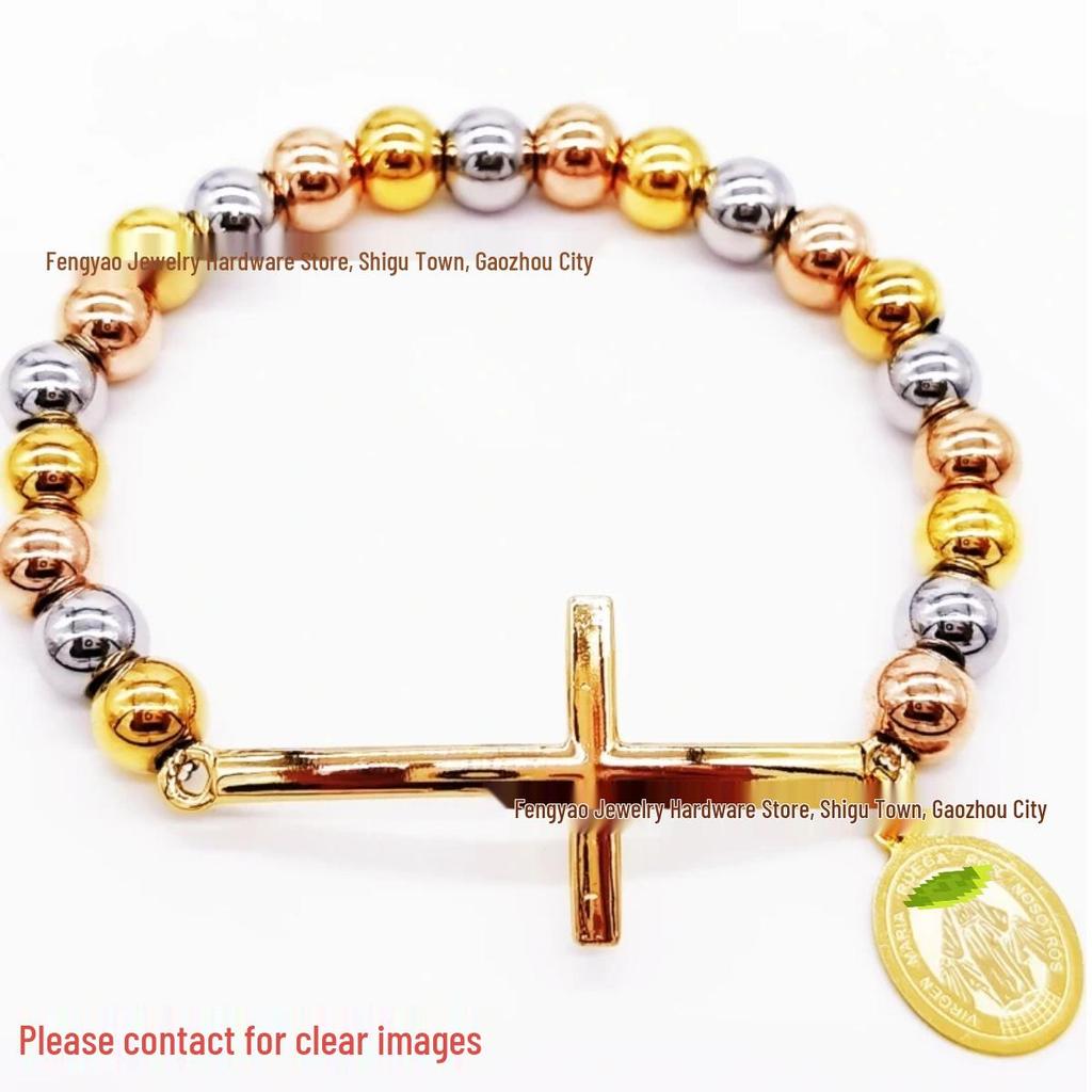 8mm Random Three-Color Bead Stainless Steel Handcrafted Cross Bracelet