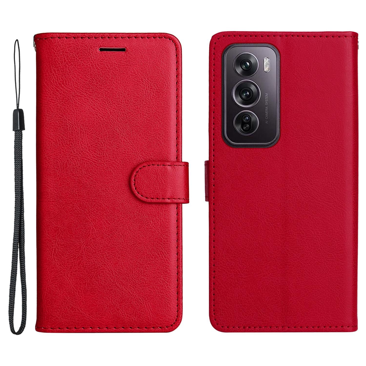 

For Oppo Reno12 Pro 5G (China)/(Global) Case Solid Color Leather Mobile Cover Wallet Stand with Strap Red