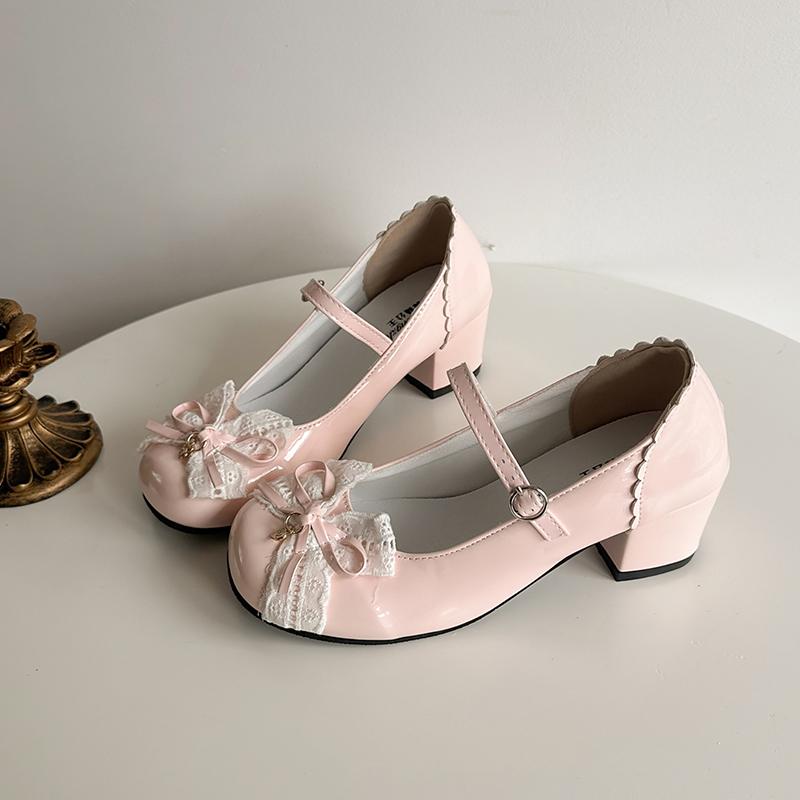Modedesign Schleife Damen Lolita Mary Jane Schuhe Prägnante Dicke Ferse Lederschuhe Damen Outdoor Kleiderpumps