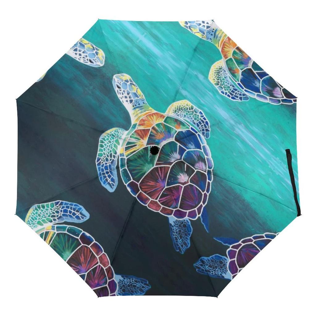 Ocean Sea Turtle Folding Rain Sun Umbrella Sea Creatures Travel Umbrellas Compact Lightweight Windproof for Teens Adults Kids