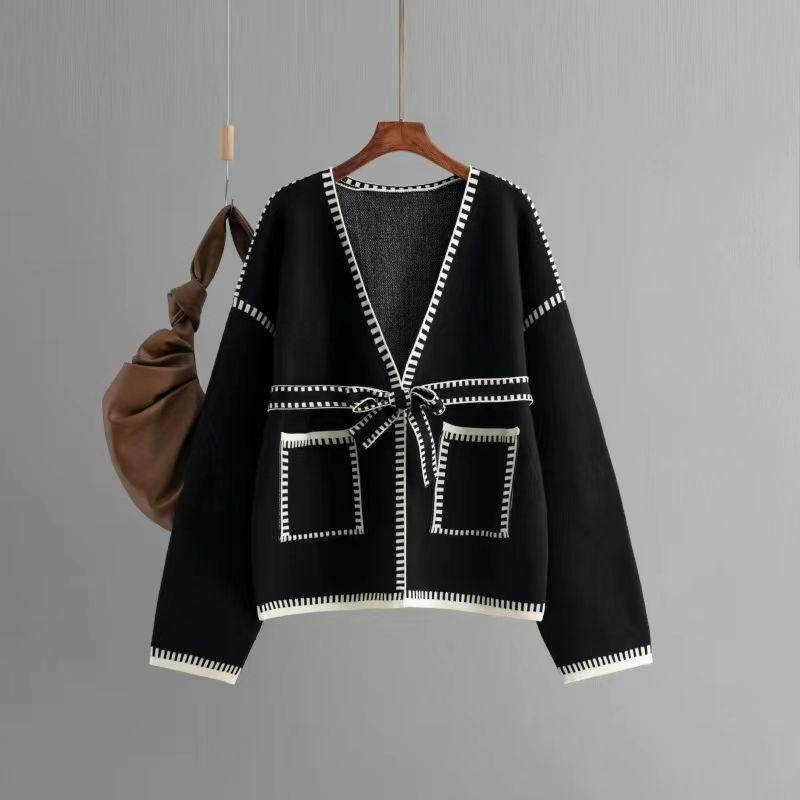 

Fashion Wind Autumn and Winter Knitting Cardigan Shoelace Pocket Loose Casual Sweater Tie up Knitted Sweater Black All yards