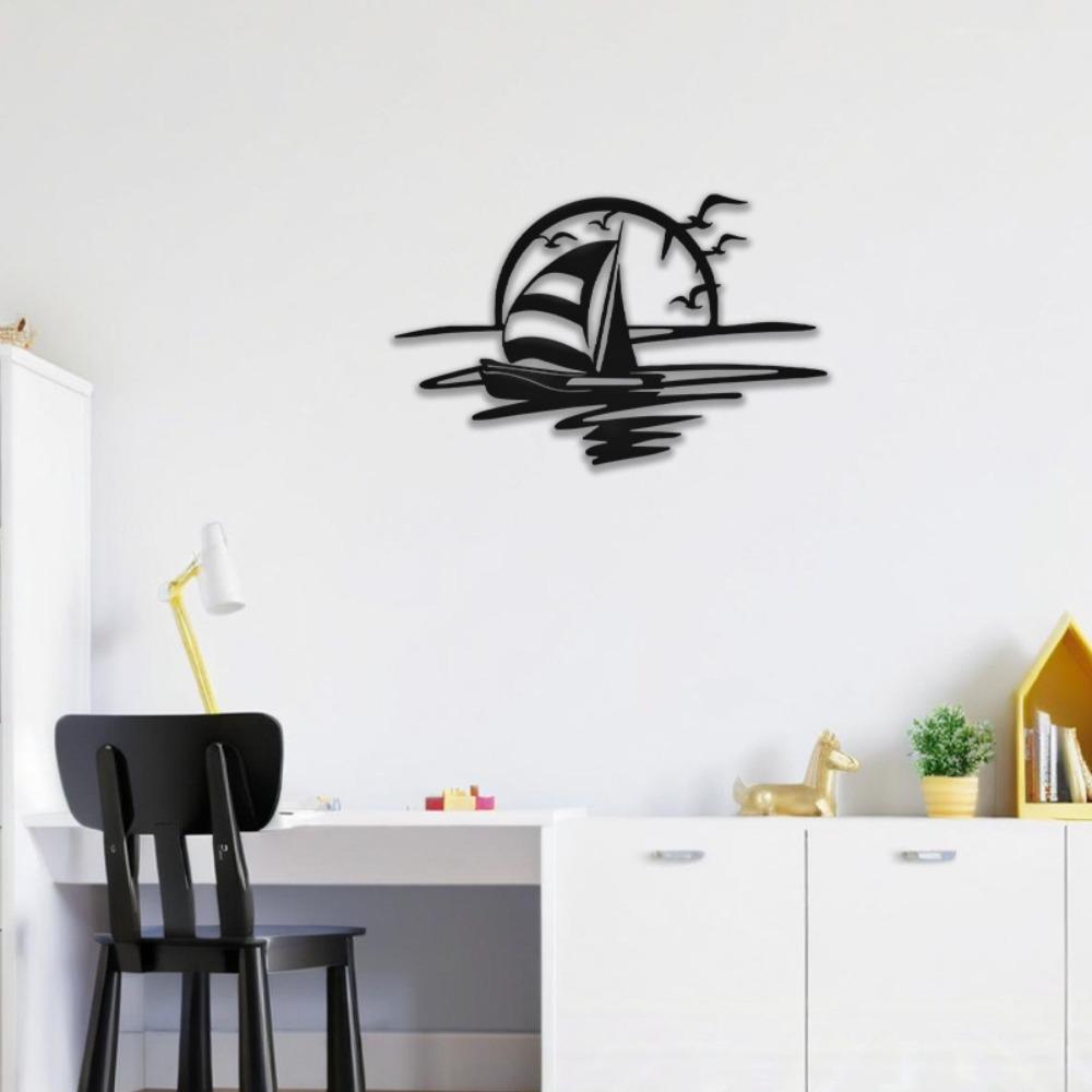 15.75" Sunset Sailboat Seagull Iron Wall Art, Coastal Ocean Decor for Indoor Outdoor Living Room Patio