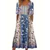 2024 Summer Bohemian Print Women's Maxi Dress with Round Neck and Short Sleeves