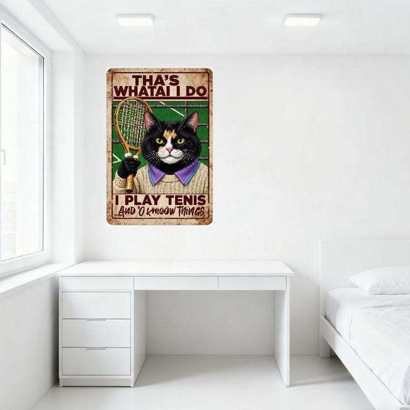Vintage Style Tennis Cat Tin Sign, Black Cat with Beige Sweater Holding Racket Metal Poster for Bar Home Cafe Wall Decor, 8x12 I