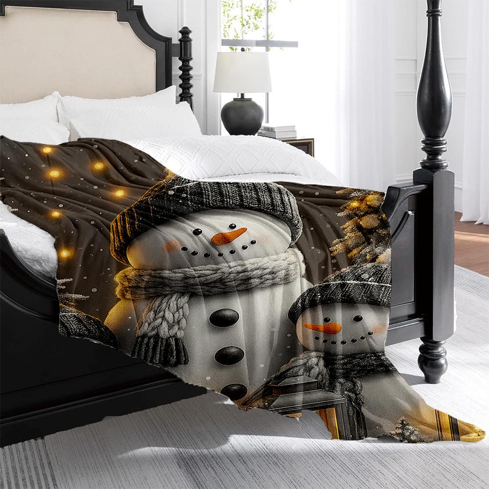 1pc Cozy Snowman Family Plush Fleece Blanket - Thick Warm Winter Bedspread with Snowmen, Lanterns & Snowflakes, Soft All-Season