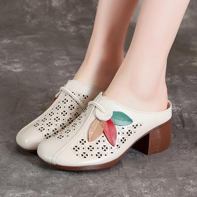 Sommer Damen Schuhe Rindsleder Blockabsatz Lederschuhe Weichboden Hausschuhe Ethno Sandalen