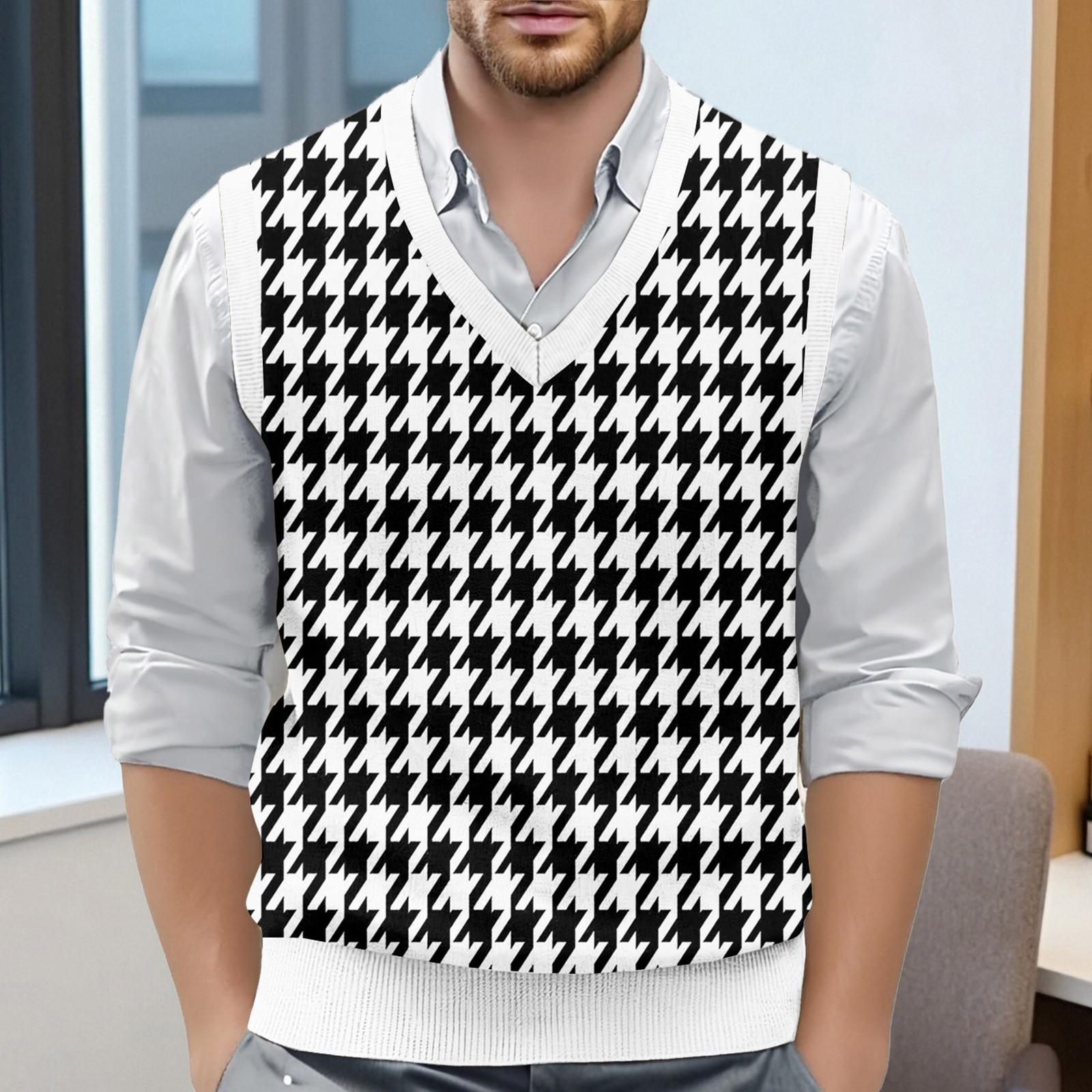 

Мужской жилет без рукавов с клетчатым принтом и V-образным вырезом, вязаный джемпер L чёрный