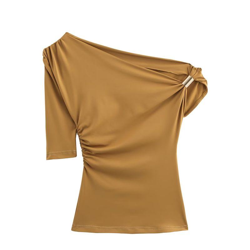 Zbzr Summer New Arrival Women's Metal Buckle Elegant Silm Nylon Asymmetric Minimalist Tops 1026164