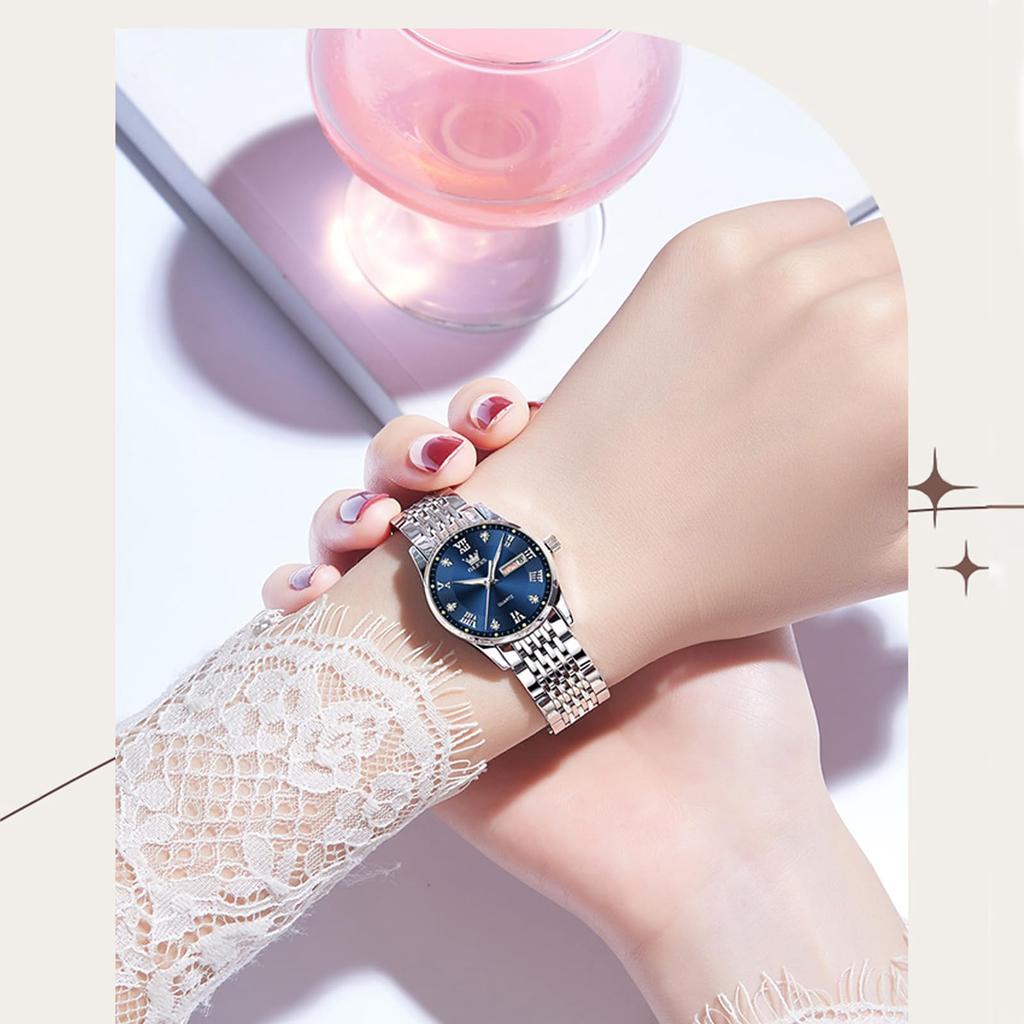 OLEVS Armbanduhr, beliebte wasserdichte, leuchtende Analoguhr, Armbanduhr für Damen, Marken-Business-Damenuhr, Datum, blaues Zifferblatt, modisch, analog, Quarz, silberfarben, Edelstahl