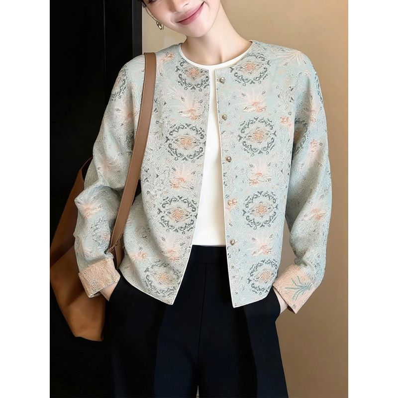 New Chinese-Style Printed Jacket for Women 2026 New Round-Neck Reversible Jacket French Retro Cardigan Top