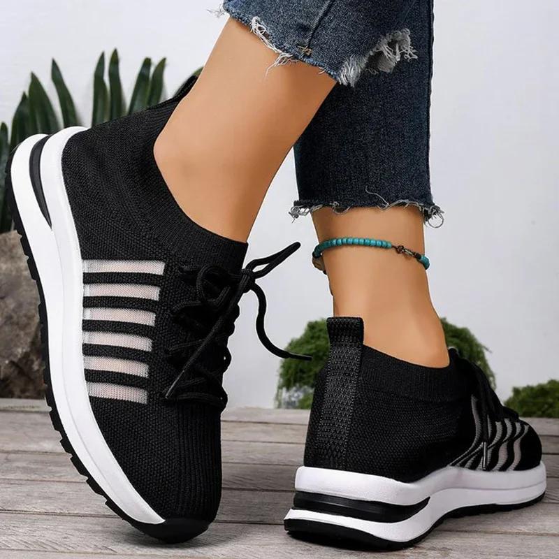 Fashion Black Breathable Mesh Sneakers Shoes Women Spring Autumn Comfortable Lace-Up Shoes Women Striped Lightweight Female Sports Shoes