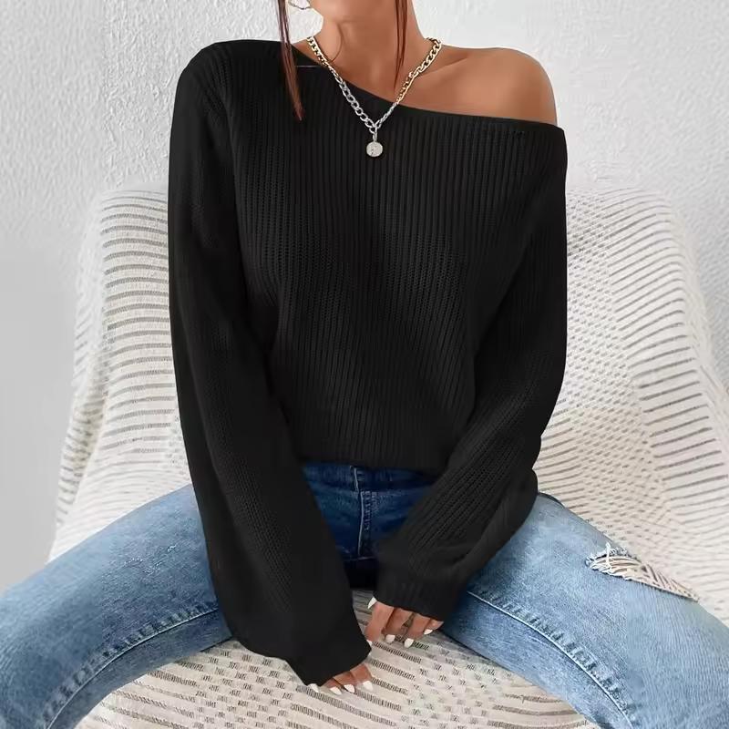 Autumn/Winter Style Unique Off-The-Shoulder Pullover Knit Solid Color Loose Fit Casual Versatile Pullover One-Row Collar