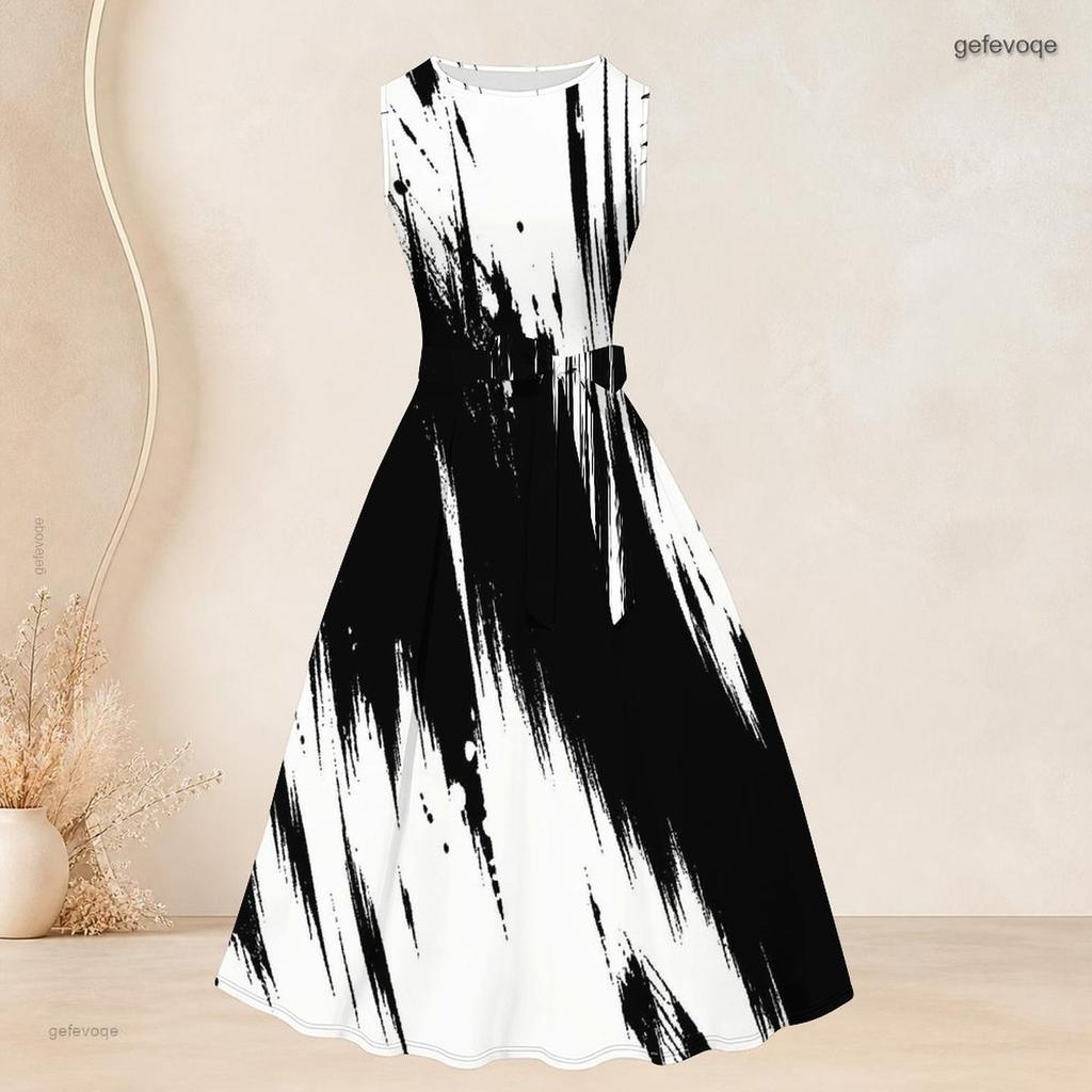 Women Plus Size Two Piece Set Black White Printed Long Sleeve Cardigan Sleeveless Round Neck Tie Waist Flared Dress