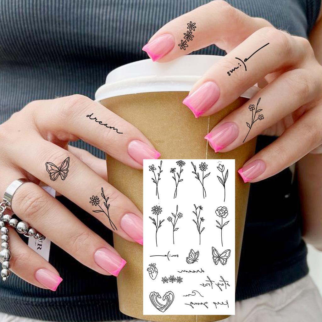 1 Hoja Araña Letra Flor Patrón Pequeño Tatuajes Temporales Para Mujeres Dedo, Pegatina de Tatuaje Falso Realista de Larga Duración