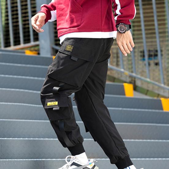 Men Cargo Pants Side Pockets Stretchy Waist Drawstring Strap Decor Ankle-banded Jogger Pants Daily Clothes