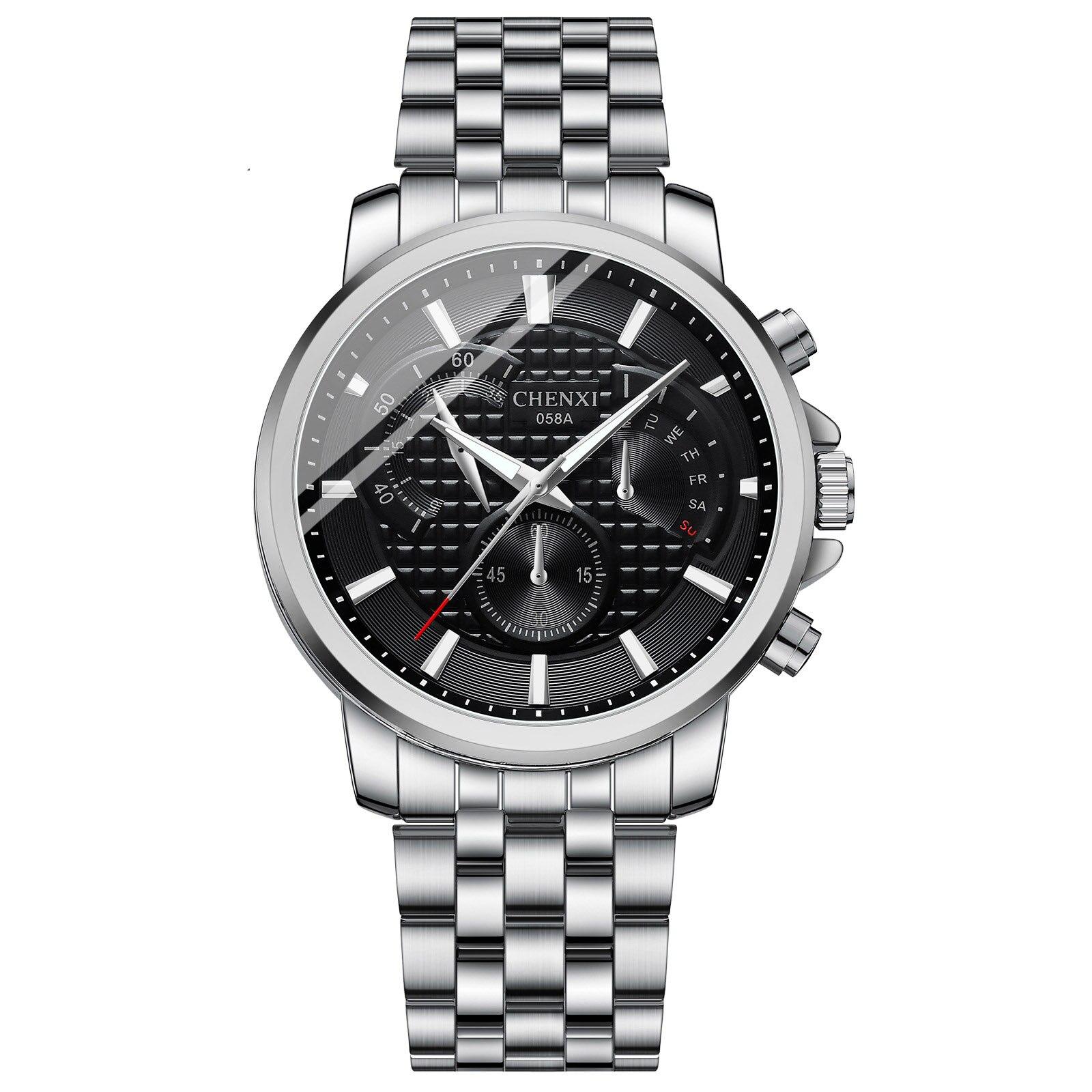 

Модные мужские часы Серебряный ремешок из нержавеющей стали Водонепроницаемые повседневные деловые кварцевые наручные часы чёрный