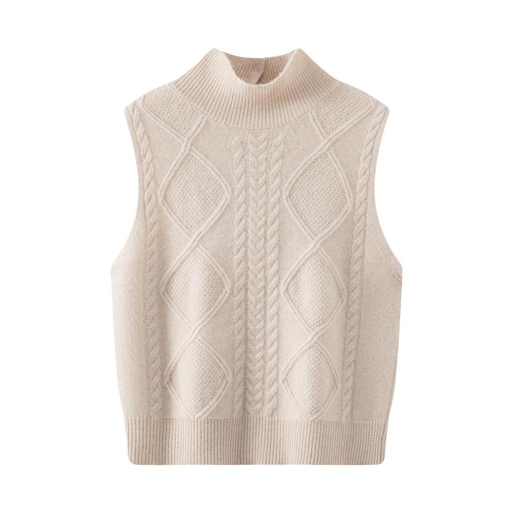Women's Double-Sided High-Neck Cable Knit Wool Vest - Sleeveless, Thick, Perfect for Autumn/Winter Layering
