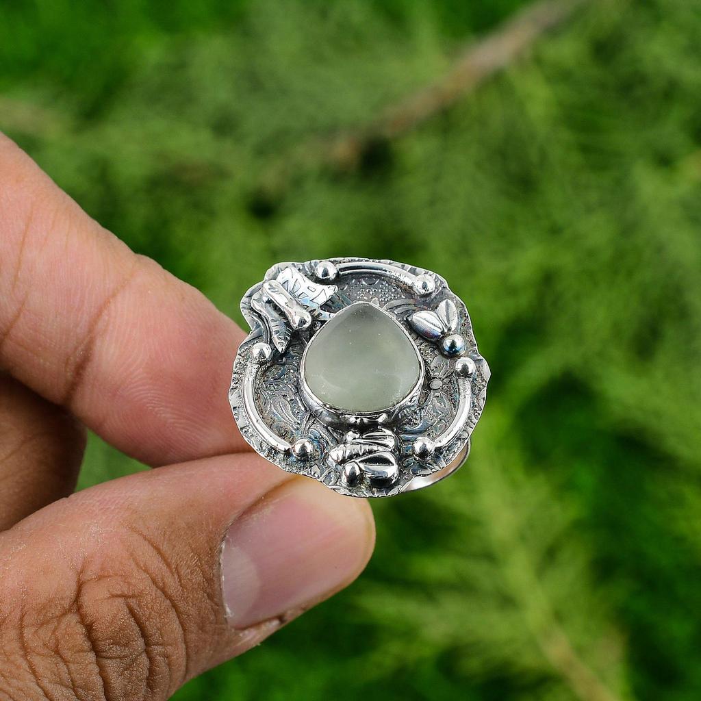 Natural Green Chalcedony Gemstone Stackable Adjustable Ring 925 Silver For Women
