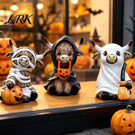 Whimsical Halloween Table Decor Highland Cow Statue Decor, Funny Resin Ghost Figurine for Home Mantel Decorations Office Tiered Tray Desk Shelf