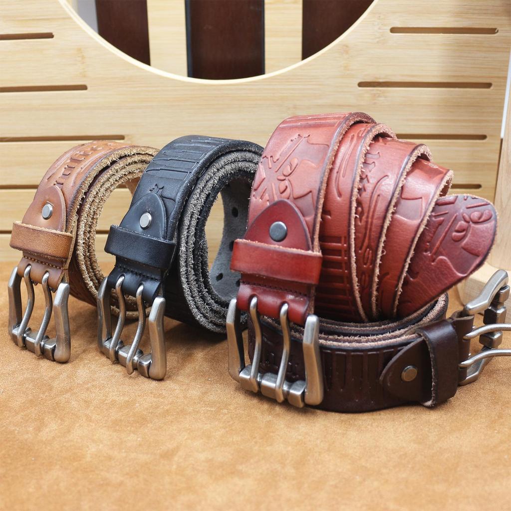 Herren Verdickter Ledergürtel mit doppelter Dornschließe - Echtes geprägtes Rindsleder, Retro Casual Stil für Jeans