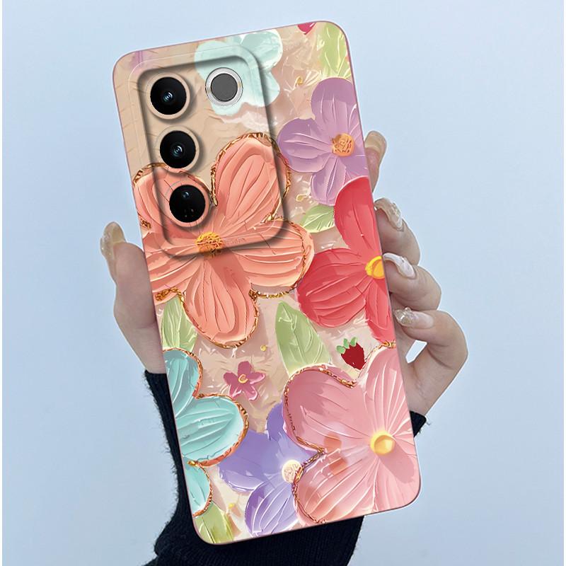 For VIVO V27 V29 5G Phone Case V25E LATAM V27E V29E Cover Fashion Simplicity Flower Soft Liquid Silicone Protective Shell Fundas