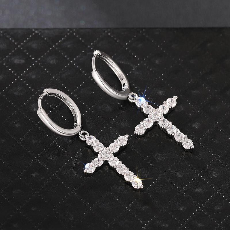 925 Sterling Silver Cross Drop Earrings with Bright Cubic Zirconia Unisex Gorgeous Party Jewelry Trendy Piercing AccessoriesGood product
