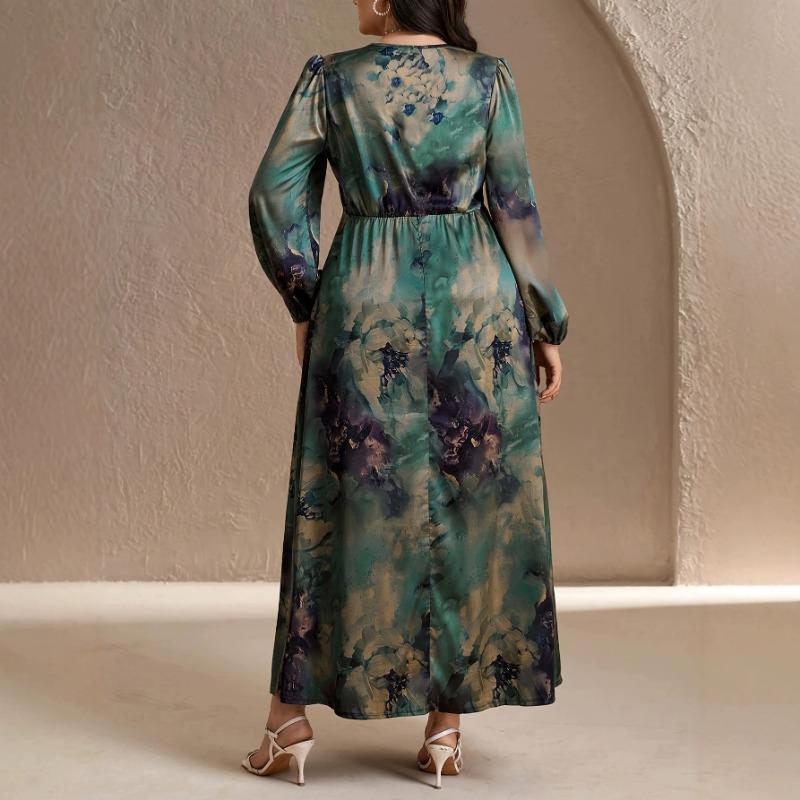 Women S Long Sleeve Round Neck Midi Dress Gradient Print Plus Size Elegant