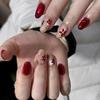 24Pcs Gold Cat Eye French Pearl Fake Nails Medium Almond Glitter Irregular Line Press On Nails