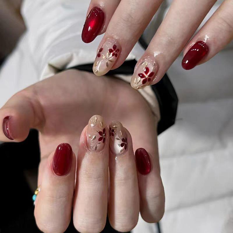 24Pcs Gold Cat Eye French Pearl Fake Nails Medium Almond Glitter Irregular Line Press On Nails