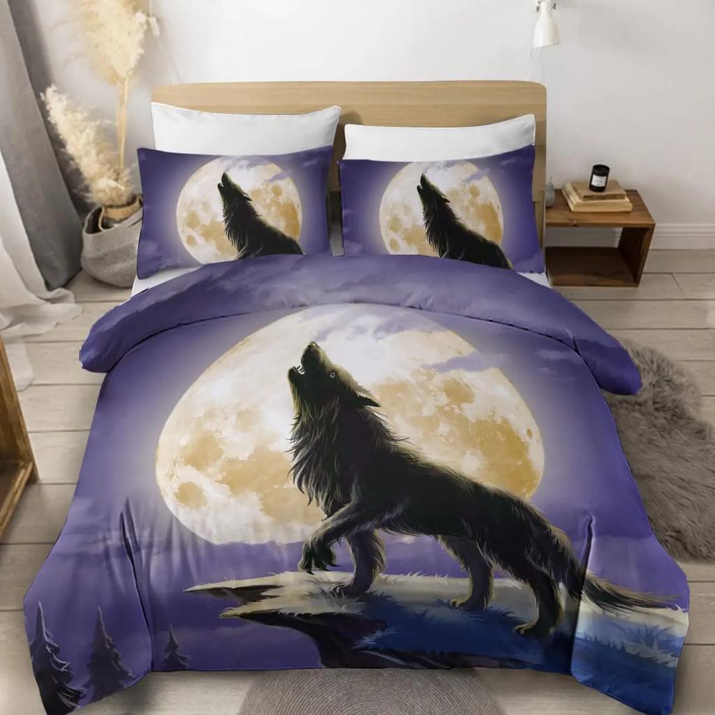 Black Wolf Moon Duvet Cover Set Wolf Howling Bedding Sets for Boys Vintage Oil Paint Wild Animal Bed Sets Purple Blue and Black