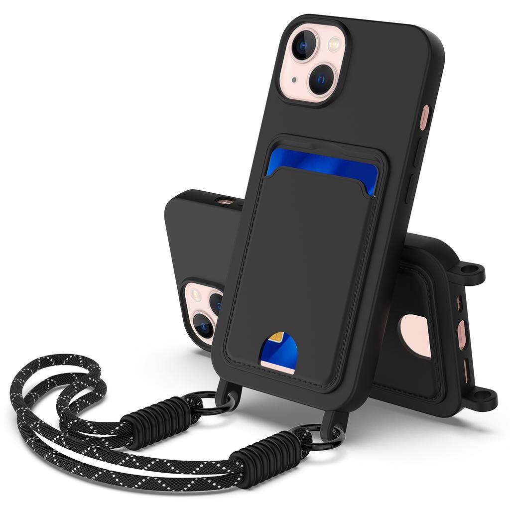 For iPhone 14 Plus/iPhone 15 Plus Liquid Silicone Case Phone Back Cover with Card Holder and Short Strap