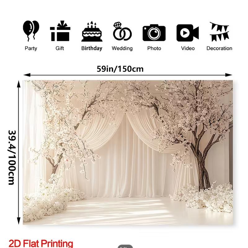 2D Romantic Floral Arch with Sheer Drapes Backdrop Photography Background Banner