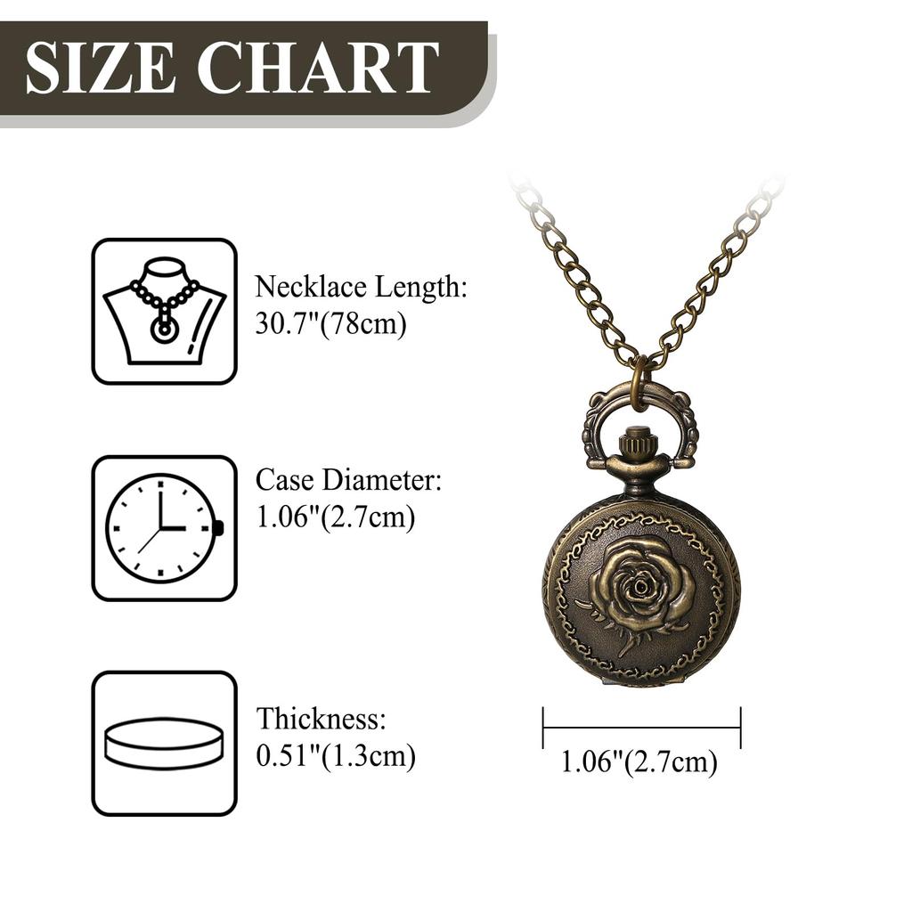 Pocket Watch Rose Antique Analog Display Waterproof Pocket Watch Pendant Necklace Chain Bronze Birthday Anniversary Christmas Valentine's Day Gift
