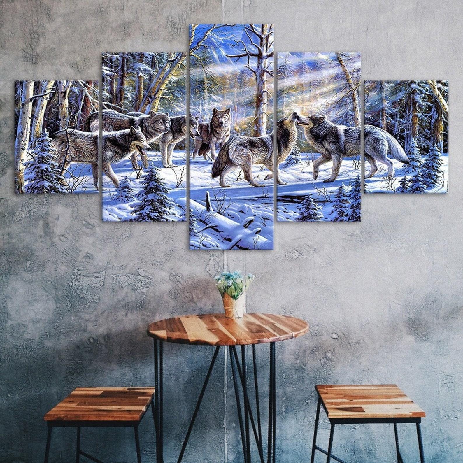 

Wolf Pack Winter Forest Scenery Painting 5 Piece Five Panel Wall Canvas Print Modern Poster Pictures Home Decor Gift For Him For Her 20X35 20X45 20X55CM