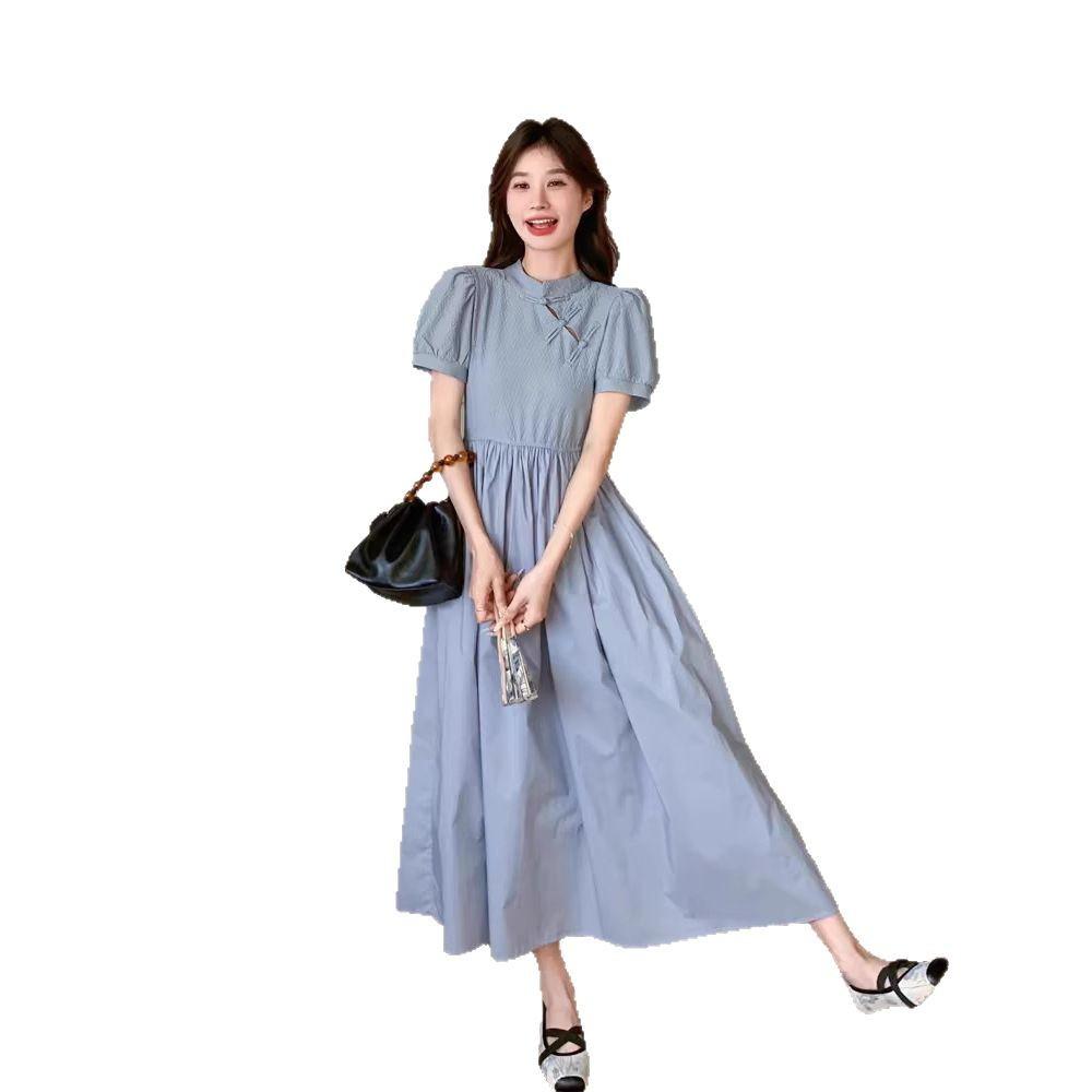Blue new Chinese dress, summer women's new cheongsam improved, light and mature, foreign style and thin long A-shaped skirt
