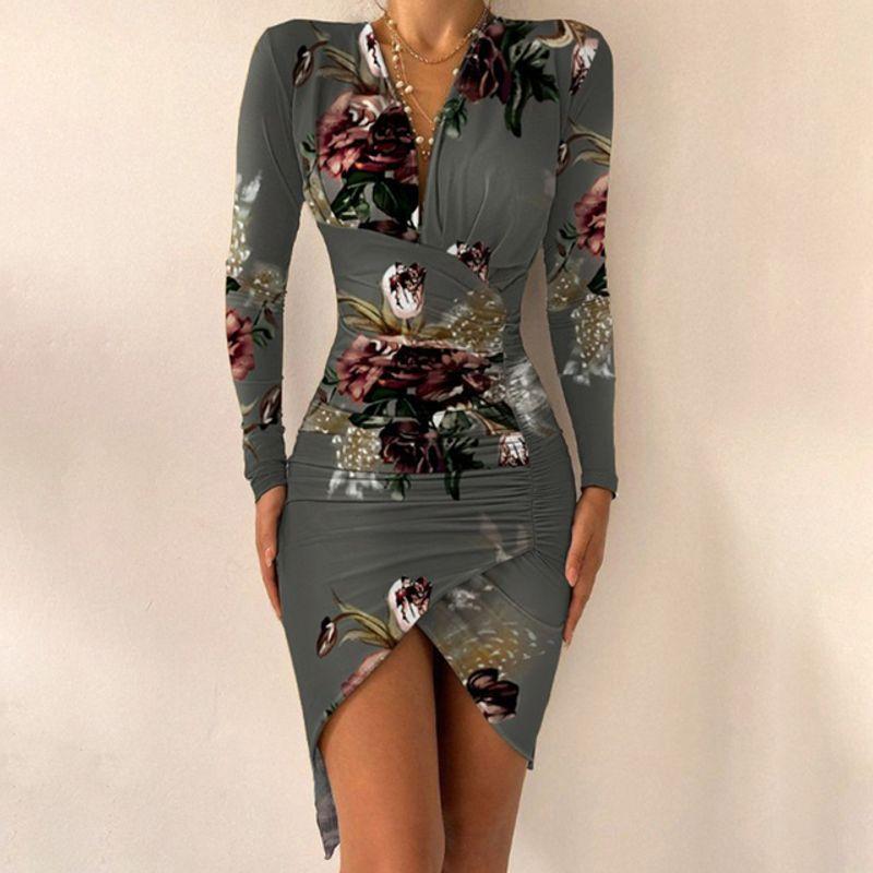 

Print Long Sleeve Bodycon Irregular Dresses New New Dress gray XXXL