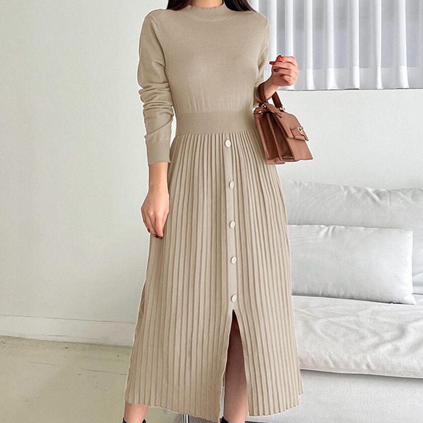 New temperament French split fork medium and long round neck knitted dress women's fashion temperament casual