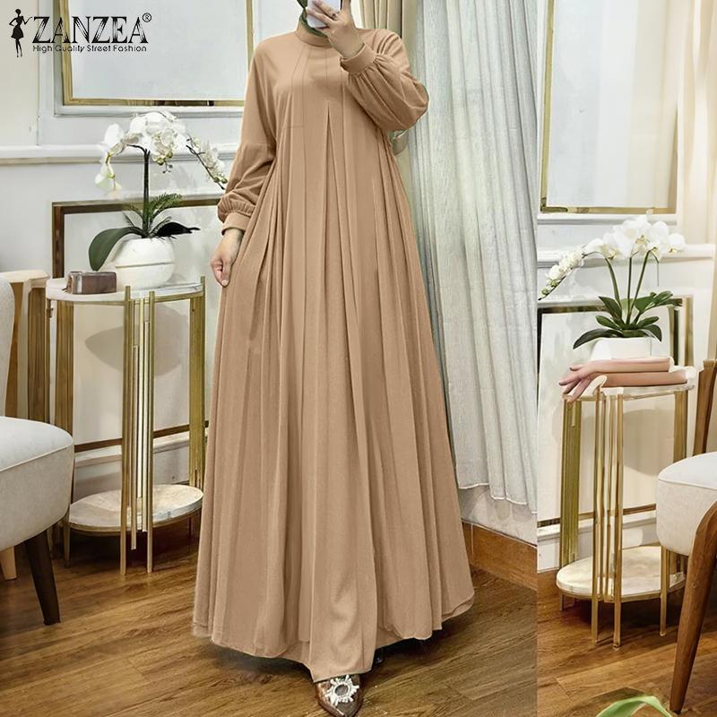 ZANZEA Womens Casual Round Neck Loose Long Sleeve Long Dress