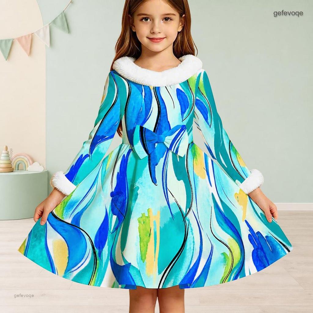 Girls High Neck Long Sleeve Printed White Blue Furry Trim Bow Waist A Line Flared Dress