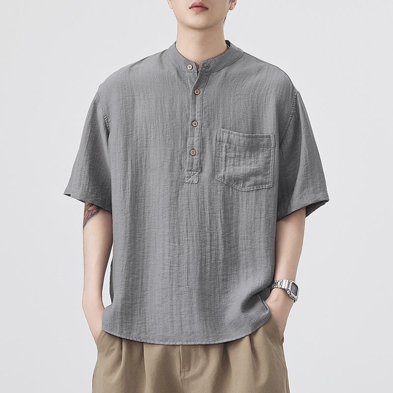 Summer Cotton and Linen Shirt Japanese Retro Men's Short-sleeved Shirt American Trendy Mid-sleeved
