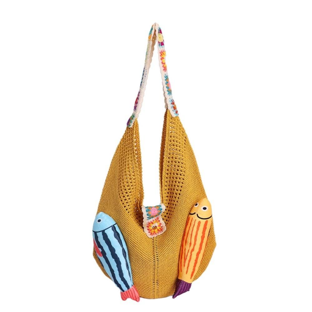 Fish Hollow Out Woven Bag Magnetic Buckle Tassels Beach Handbag Cotton Crochet Shoulder Bag  Beach