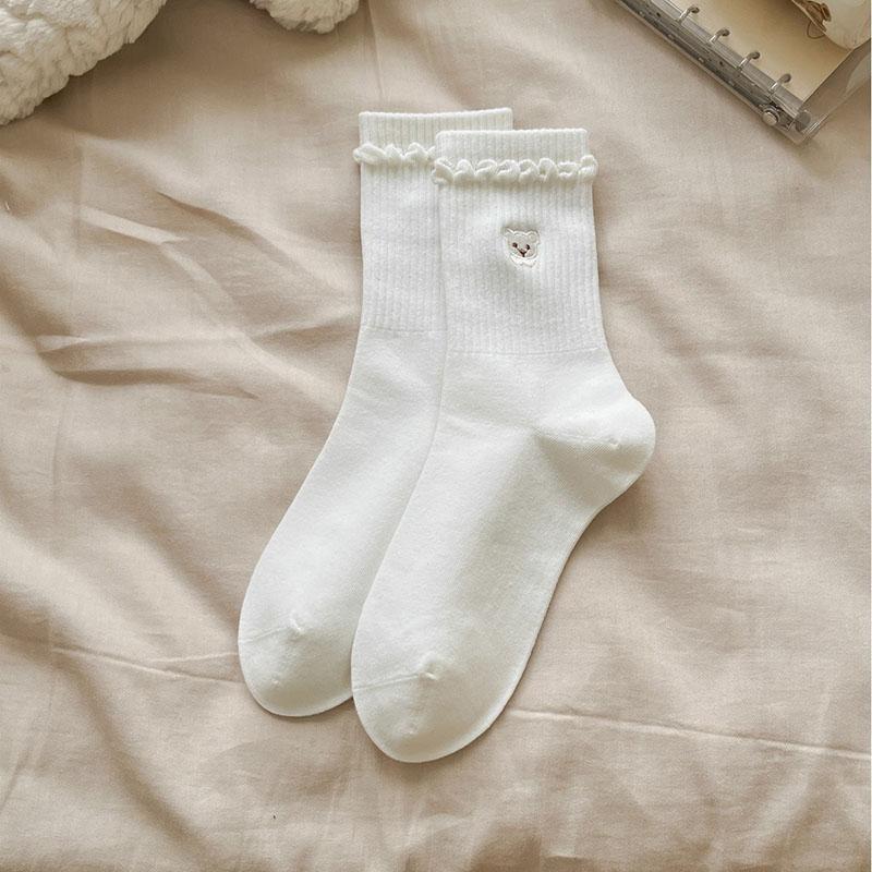 

Autumn Winter Embroidery Little Bear Middle Tube Socks New Socks Children s Cotton Japanese Style Lace Cartoon Women s Stocks M белый