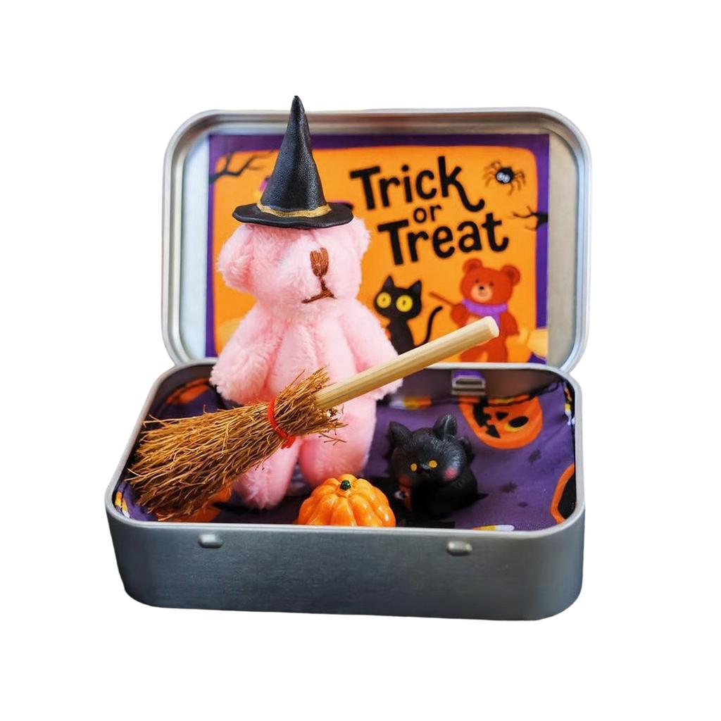 Halloween Bear In Box For Trick Or Treating With Witch Blanket Cloak Pumpkin And Cat